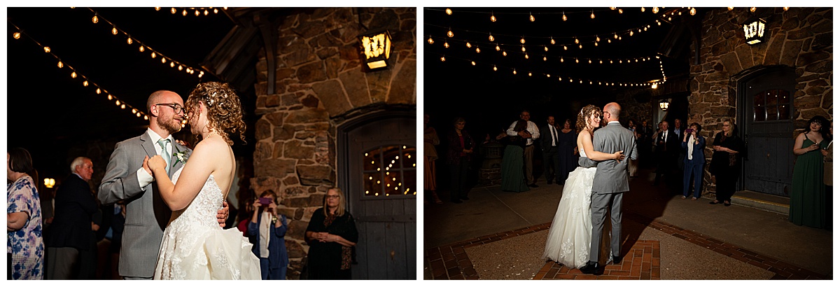 The bride and groom share their first dance in the dark outside the Boettcher Mansion under fairy lights.