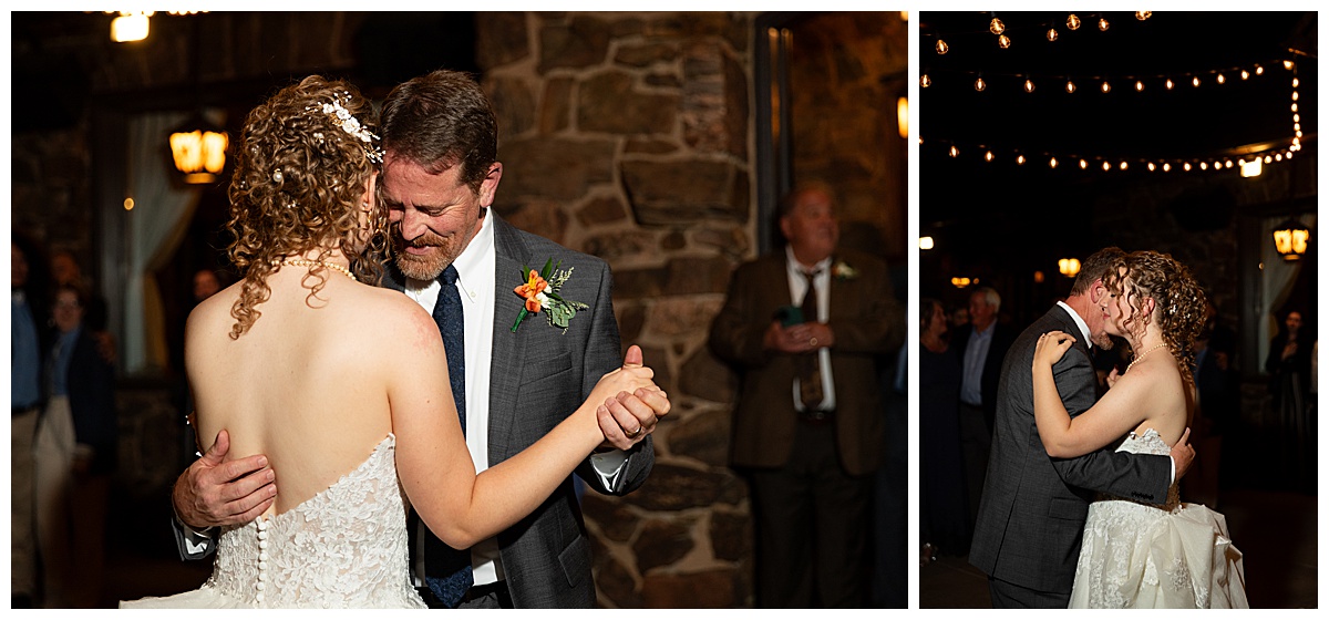 The bride dances with her dad in the dark outside the Boettcher Mansion under fairy lights.