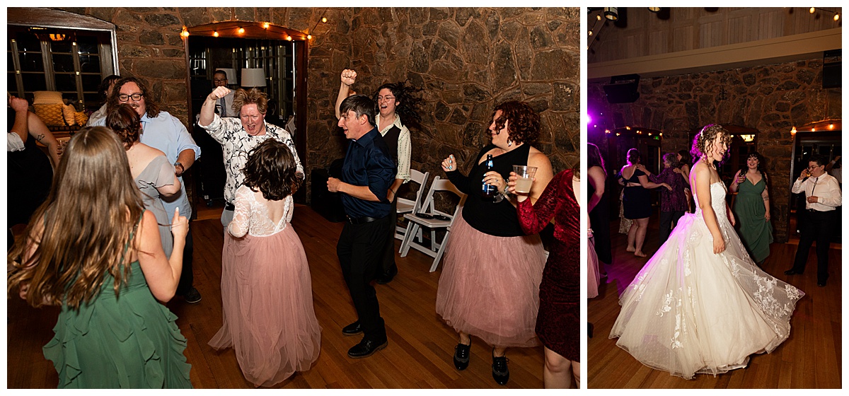 The bride and groom dance with their friends and family inside the mansion.