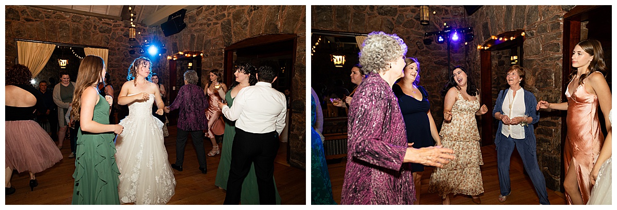 The bride and groom dance with their friends and family inside the mansion.