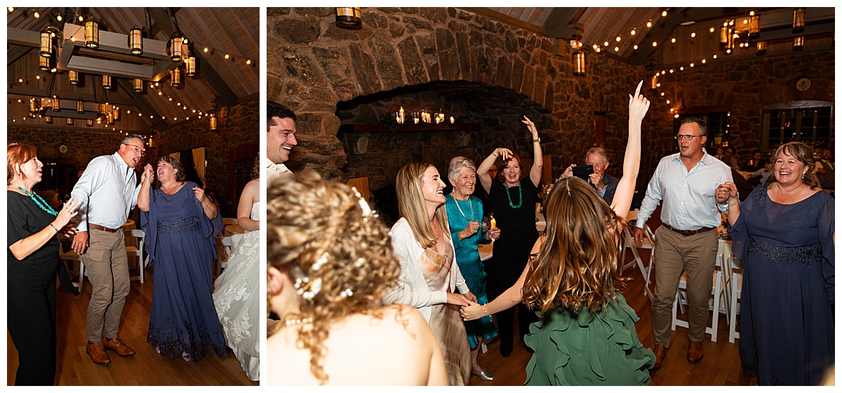 The bride and groom dance with their friends and family inside the mansion.