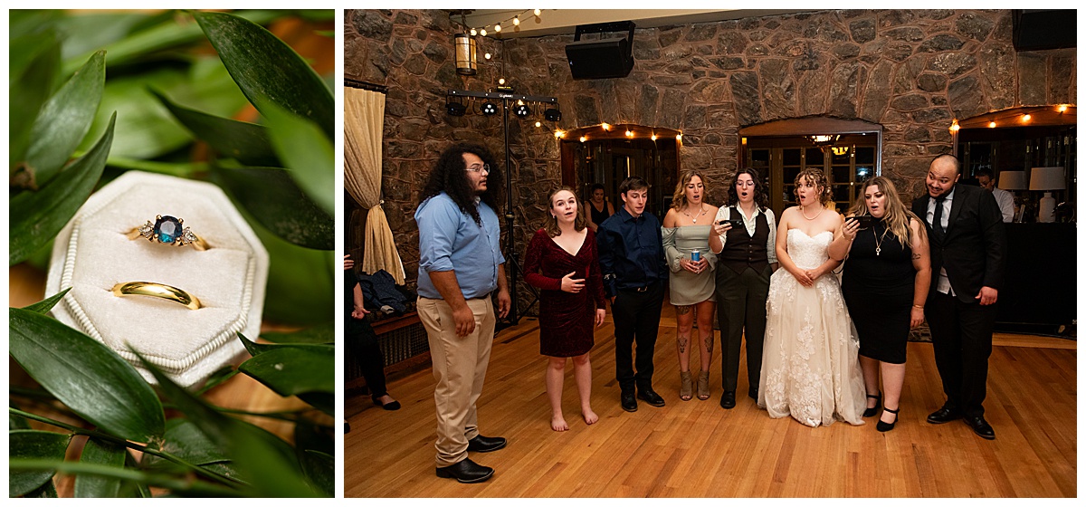 The bride and groom dance with their friends and family inside the mansion.