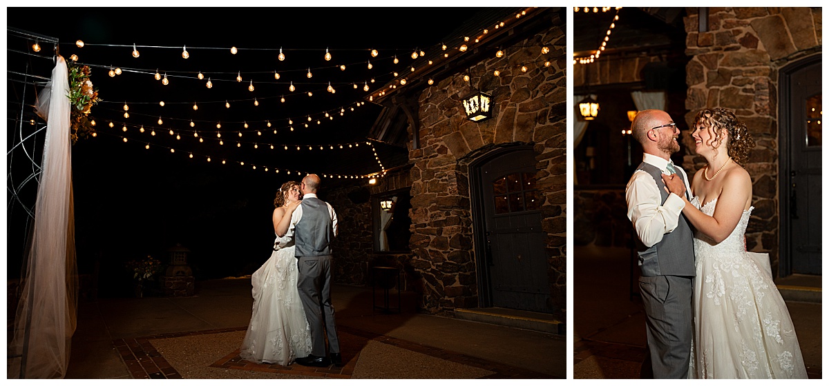 The bride and groom share a private last dance in the dark outside the Boettcher Mansion under fairy lights.